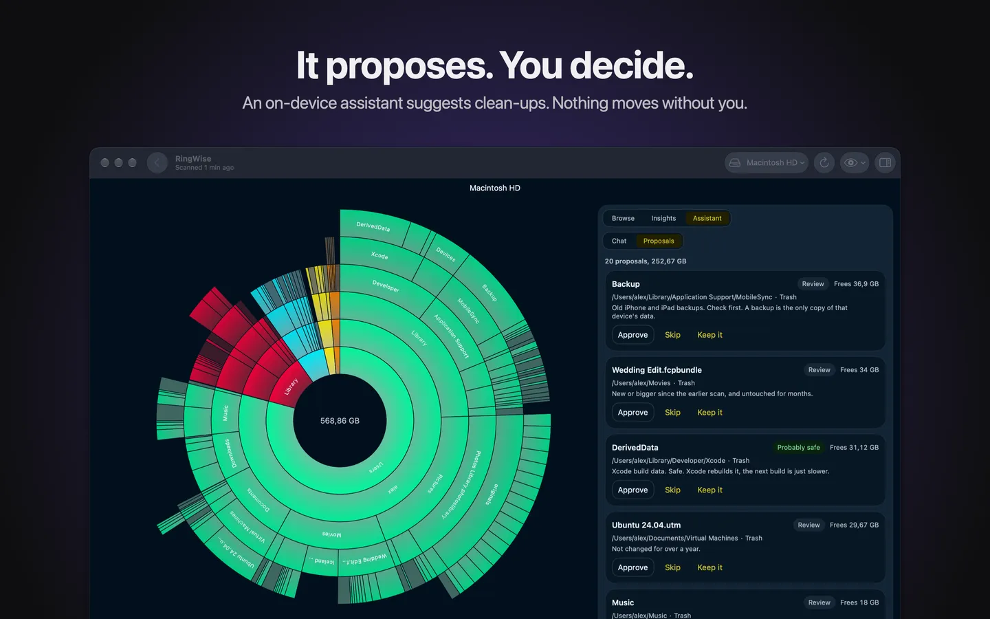 Clean-up proposals, each with a risk label, the space it frees, and Approve, Skip and Keep buttons