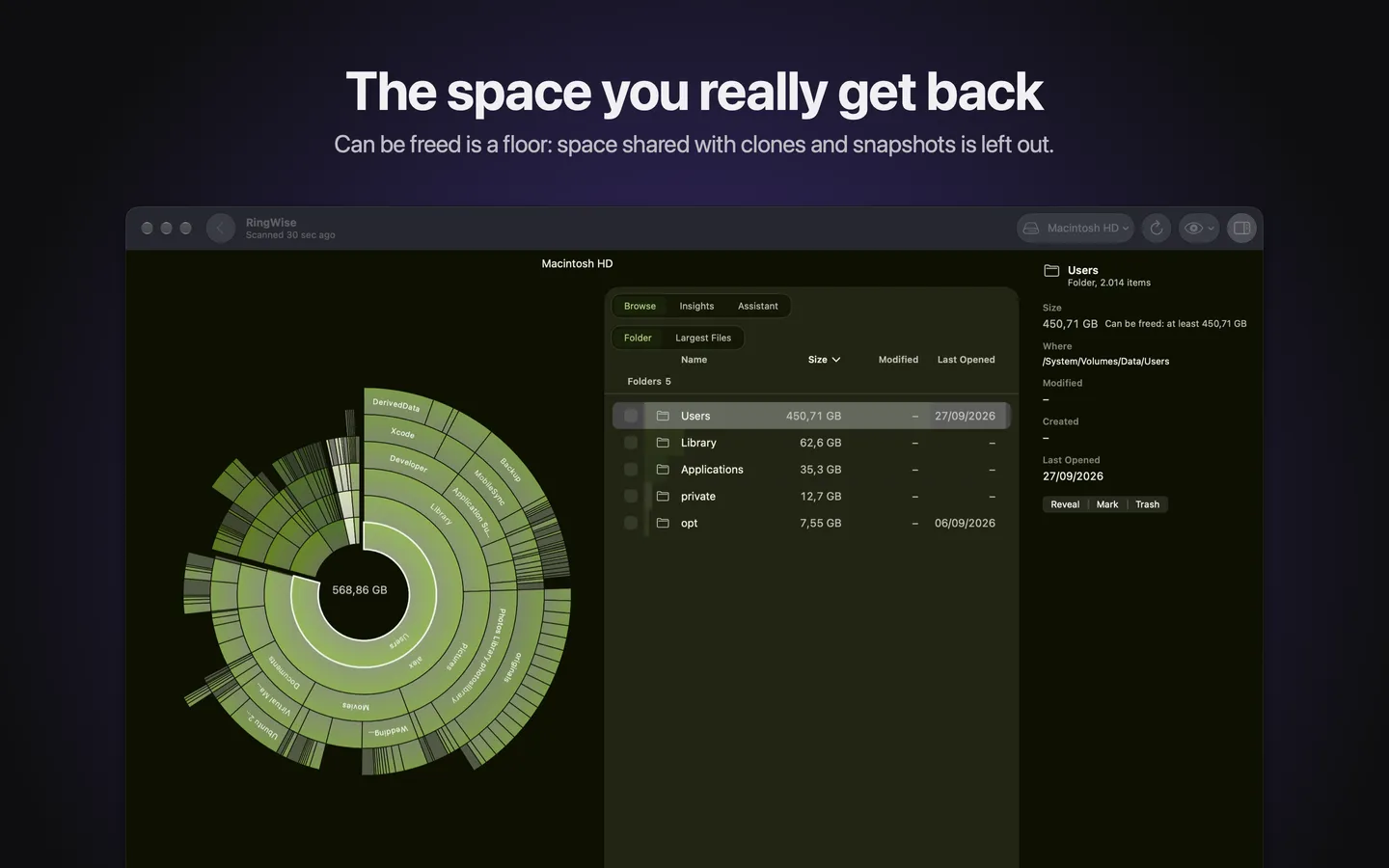 The inspector showing a folder's size and how much can be freed
