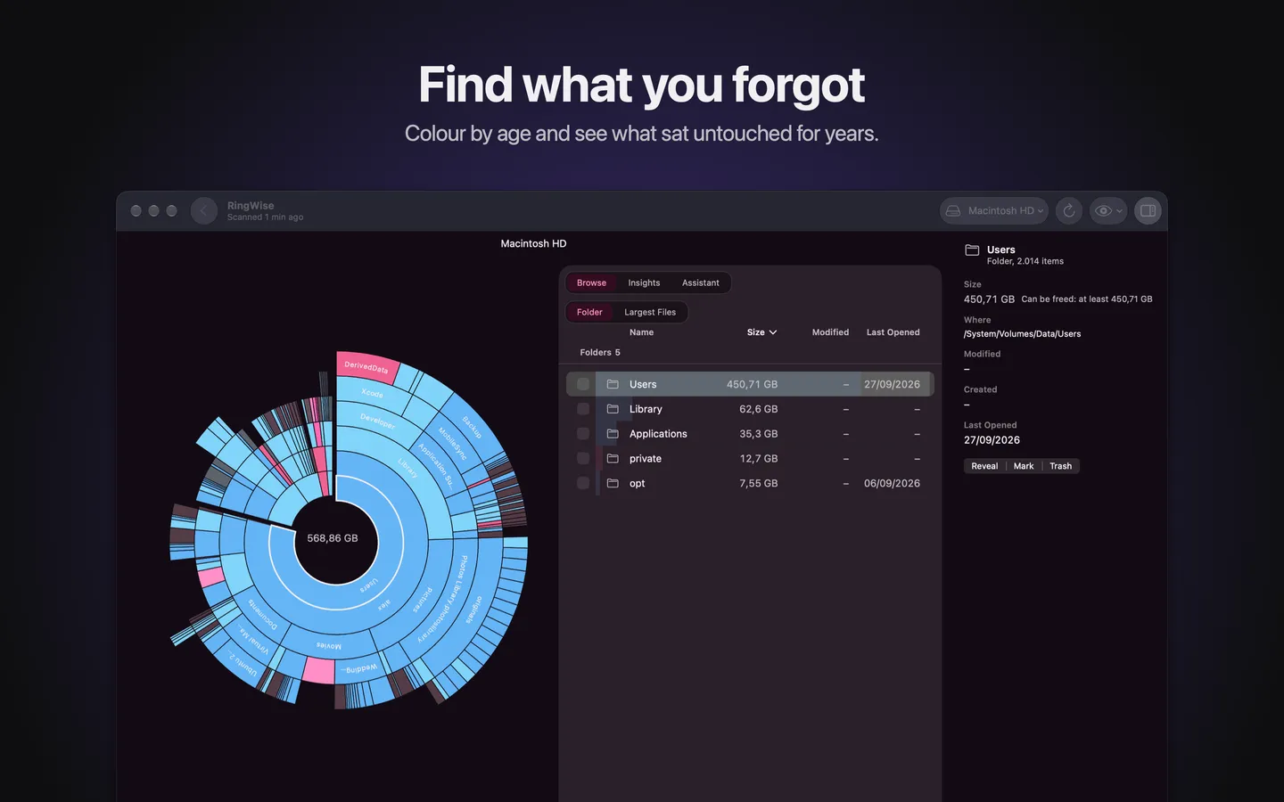 The chart coloured by age, old items in blue and recent ones in pink